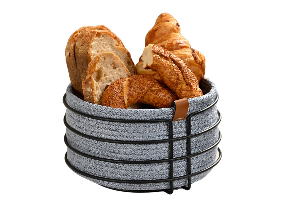 Matte Black Round Bread Basket Stylish, Bread Container Light Blue Woven Wicker Macrame-Multipurpose Metal Stainless