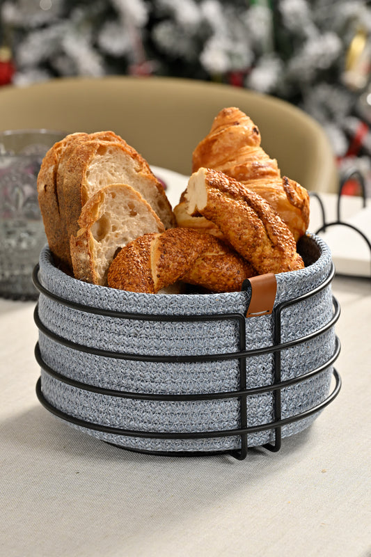 Mat Siyah Yuvarlak Ekmek Sepeti Şık,Ekmeklik Açık Mavi Hasır Örmeli Makrome-Çok Amaçlı Metal Paslanmaz