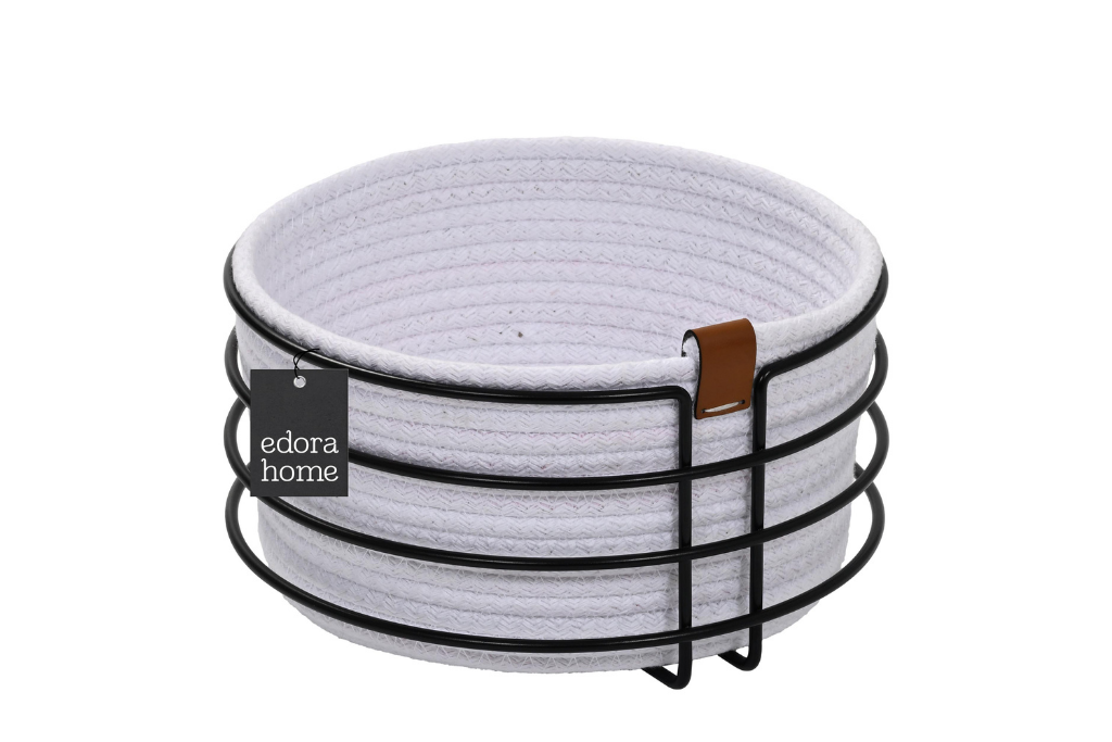 Matte Black Round Bread Basket Stylish, White Woven Wicker Macrame Bread Basket-Multipurpose Stainless Metal