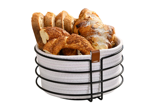 Mat Siyah Yuvarlak Ekmek Sepeti Şık,Ekmeklik Beyaz Hasır Örmeli Makrome-Çok Amaçlı Metal Paslanmaz