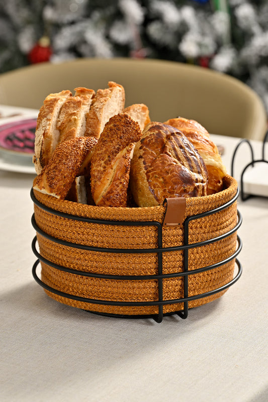 Mat Siyah Yuvarlak Ekmek Sepeti Şık,Ekmeklik Hardal Hasır Örmeli Makrome-Çok Amaçlı Metal Paslanmaz