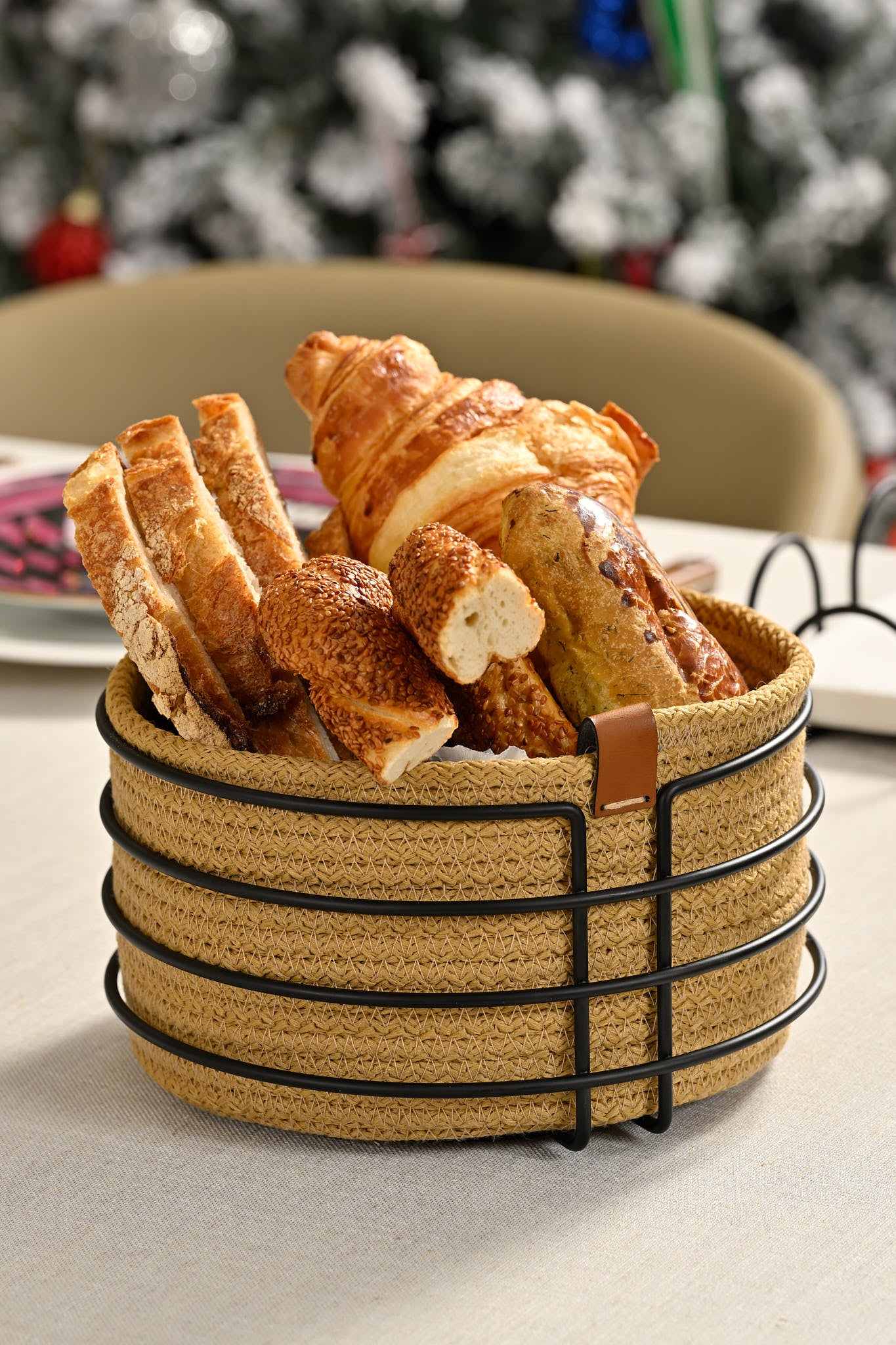 Mat Siyah Yuvarlak Ekmek Sepeti Şık,Ekmeklik Kahve Hasır Örmeli Makrome-Çok Amaçlı Metal Paslanmaz