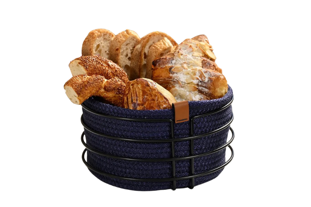 Matte Black Round Bread Basket Stylish, Navy Blue Woven Macrame Bread Holder - Multi-purpose Stainless Steel Metal