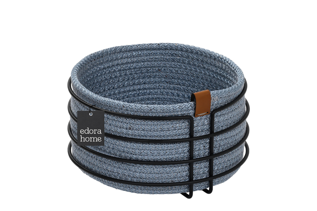 Matte Black Round Bread Basket Stylish, Blue Woven Wicker Macrame Bread Holder - Multi-Purpose Metal Stainless
