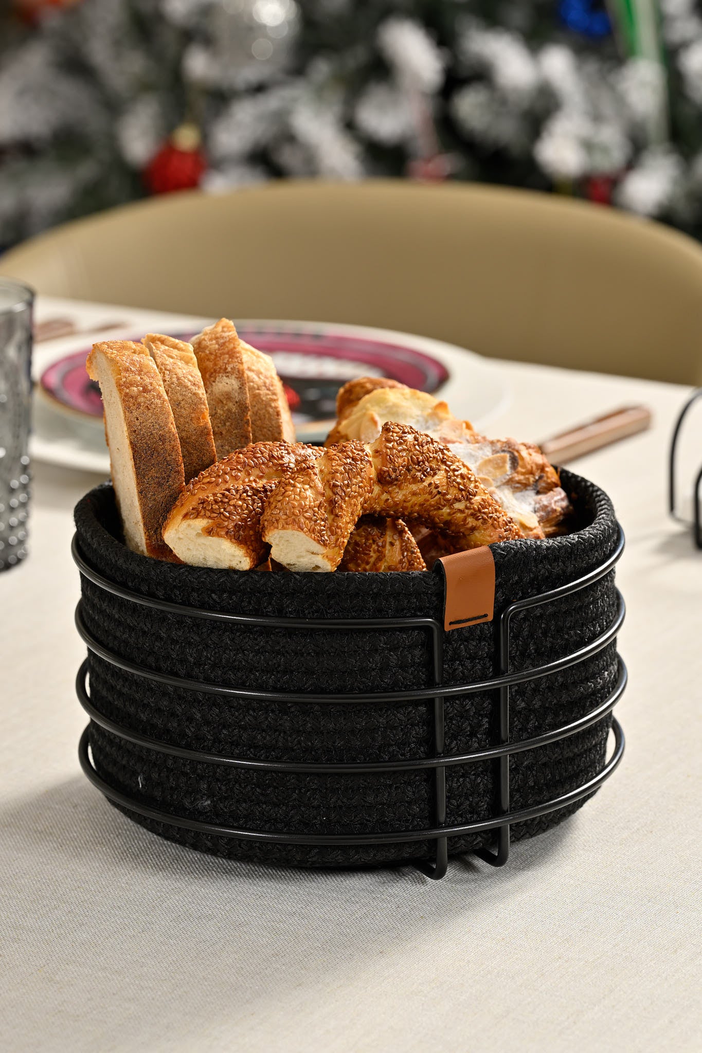 Mat Siyah Yuvarlak Ekmek Sepeti Şık,Ekmeklik Siyah Hasır Örmeli Makrome-Çok Amaçlı Metal Paslanmaz