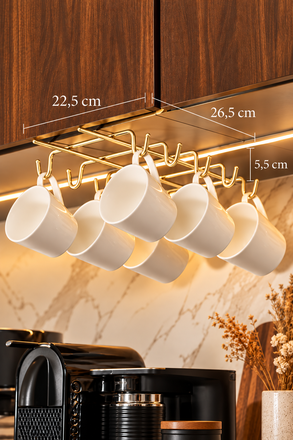 Brilliant Gold 10-Hook Under Cabinet Mug Cup Organizer Stainless Metal