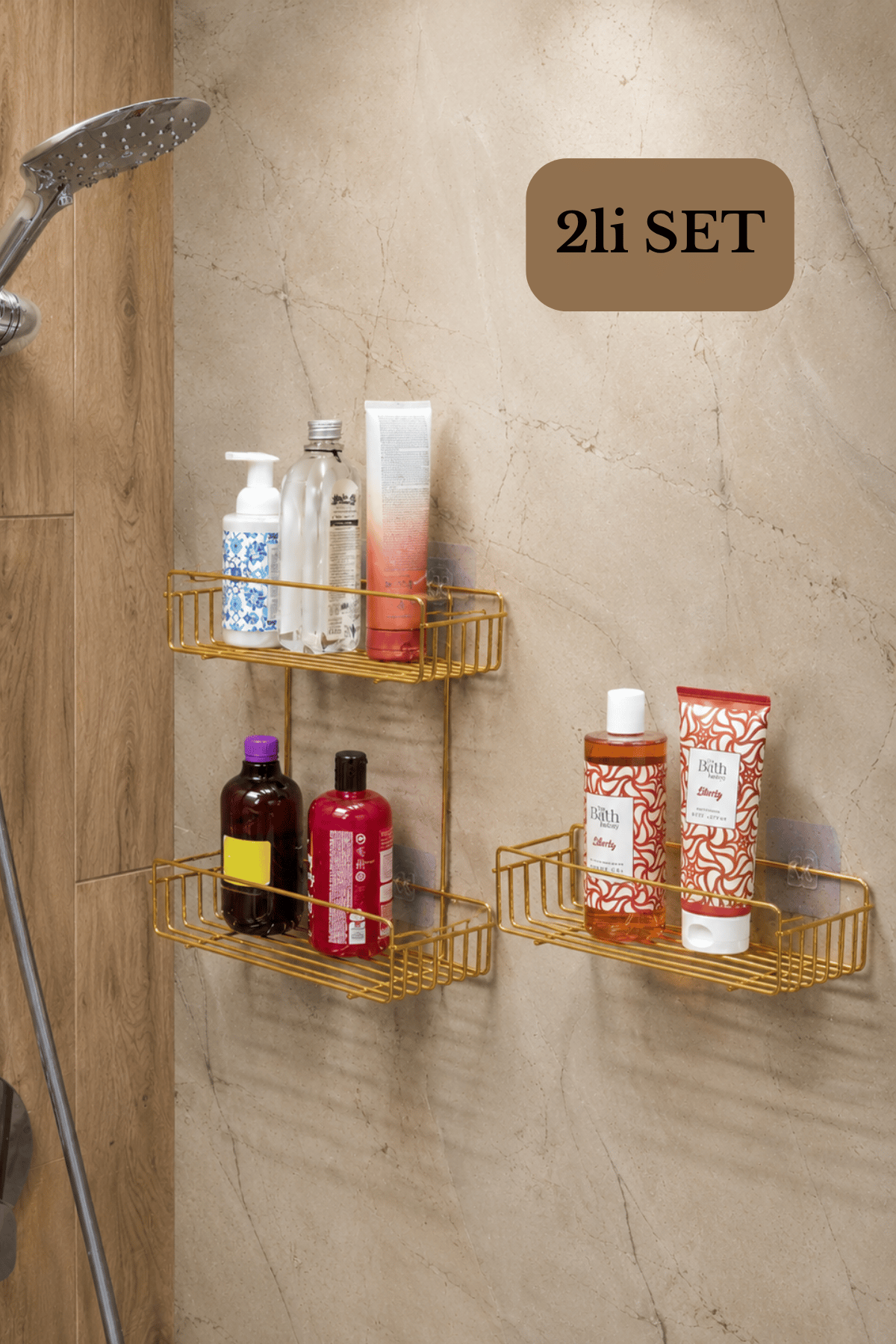 Parlak Altın 2'li Banyo Şampuanlık Seti - Tek Katlı + 2 Katlı Duş Rafı, Delmeden Yapışkanlı Montaj