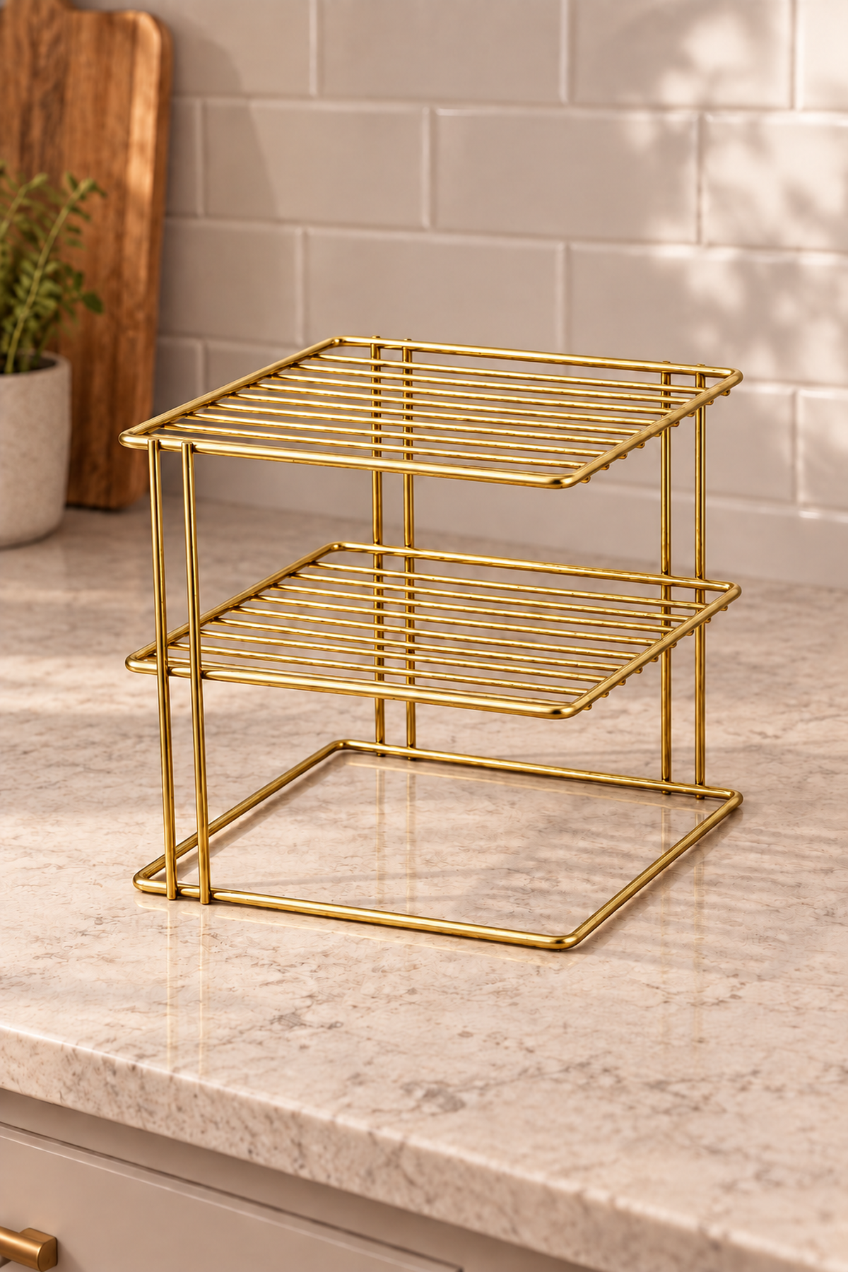 Shiny Gold 3-Tier Cabinet Plate & Cup Rack Kitchen Organizer Shelf Stainless Metal