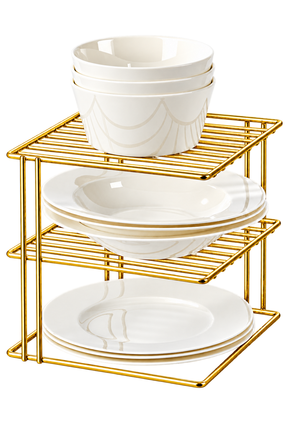 Shiny Gold 3-Tier Cabinet Plate & Cup Rack Kitchen Organizer Shelf Stainless Metal
