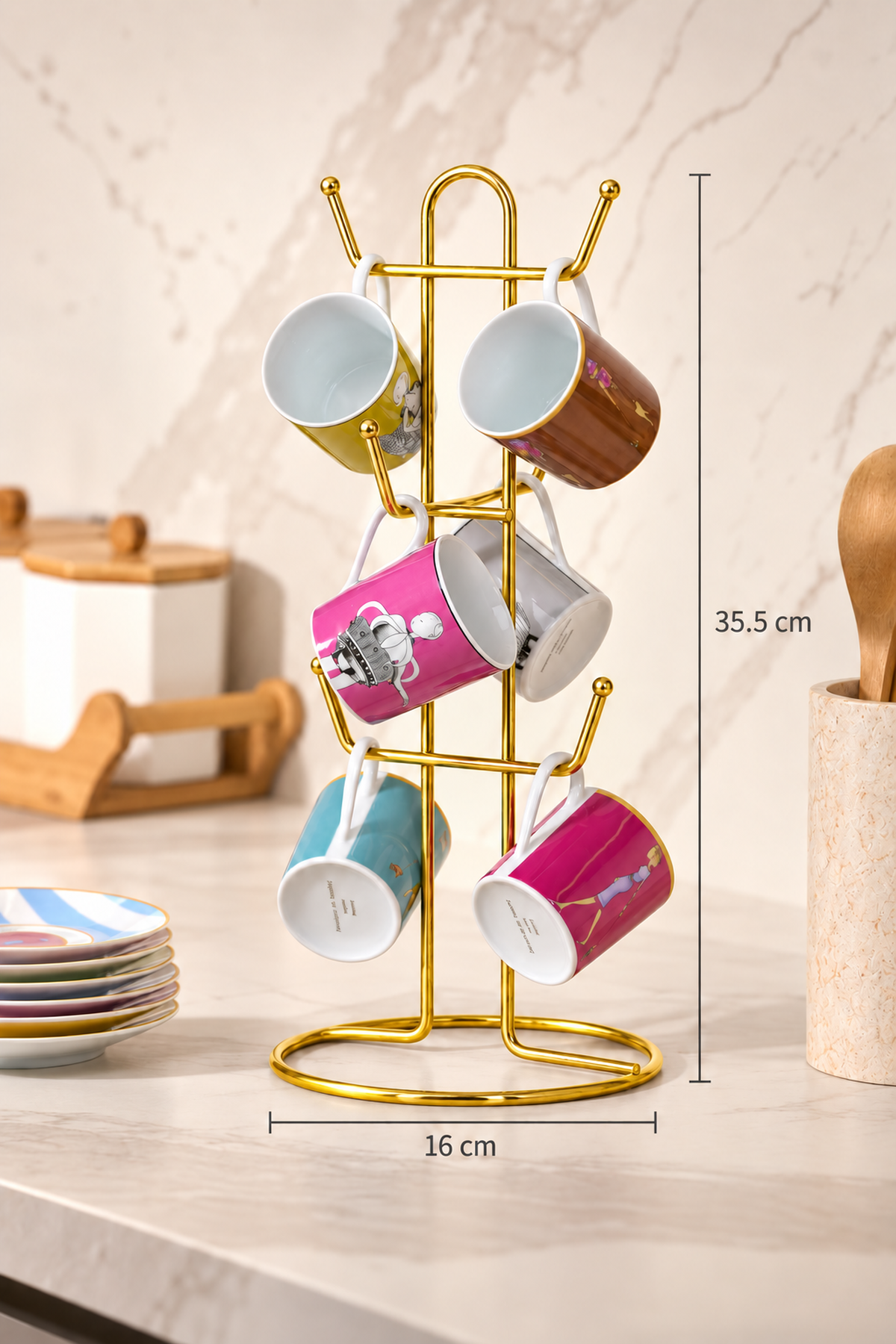 Bright Gold 6-Compartment Mug Cup Organizer Countertop Stainless Metal