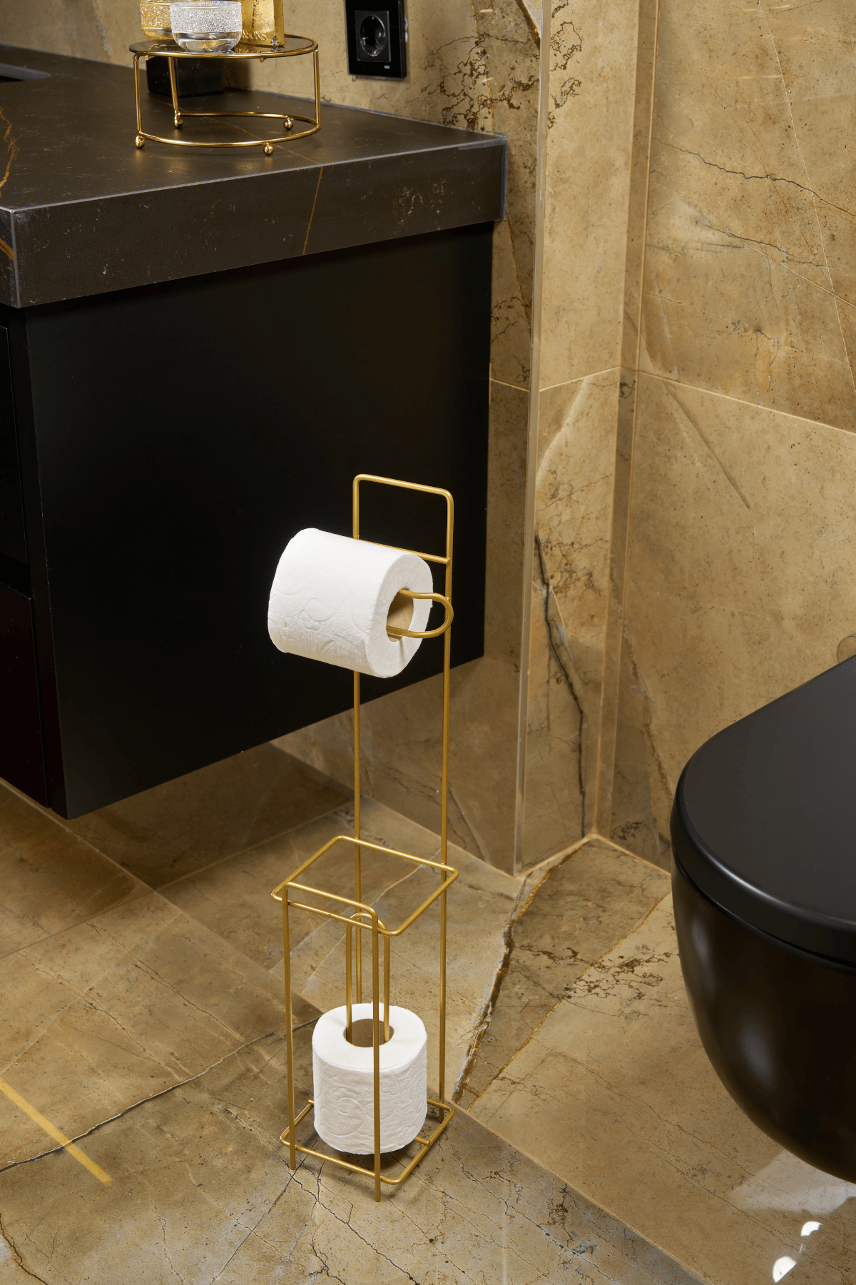 Parlak Altın Metal Ayaklı Tuvalet Kağıtlığı ve Yedek Rulo Standı | Modern WC Kağıtlık