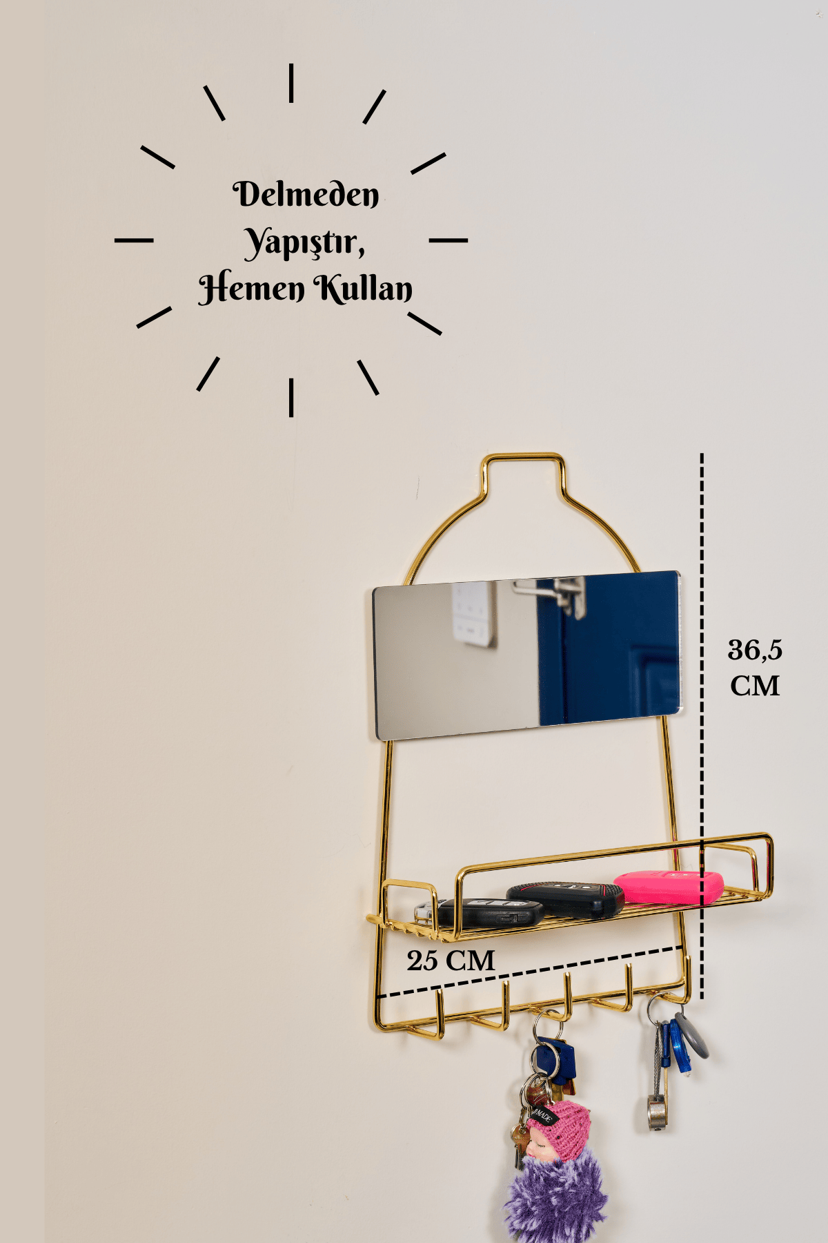 Parlak Altın Modern Duvar Anahtarlığı Raflı, Askılı Organizer, Aynalı Yapışkanlı, Montaj Gerektirmez