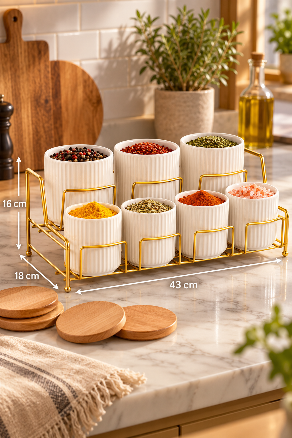 7-Compartment Porcelain Spice Jar Set with Bamboo Lids, Gold Stand, Kitchen Organizer