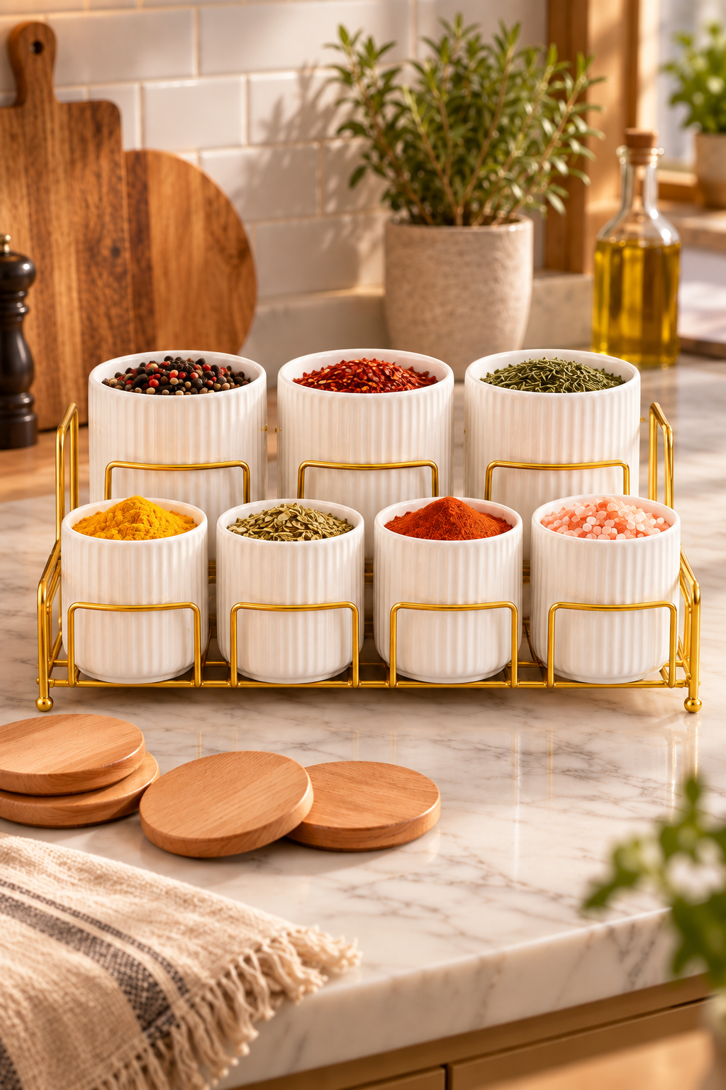7-Compartment Porcelain Spice Jar Set with Bamboo Lids, Gold Stand, Kitchen Organizer