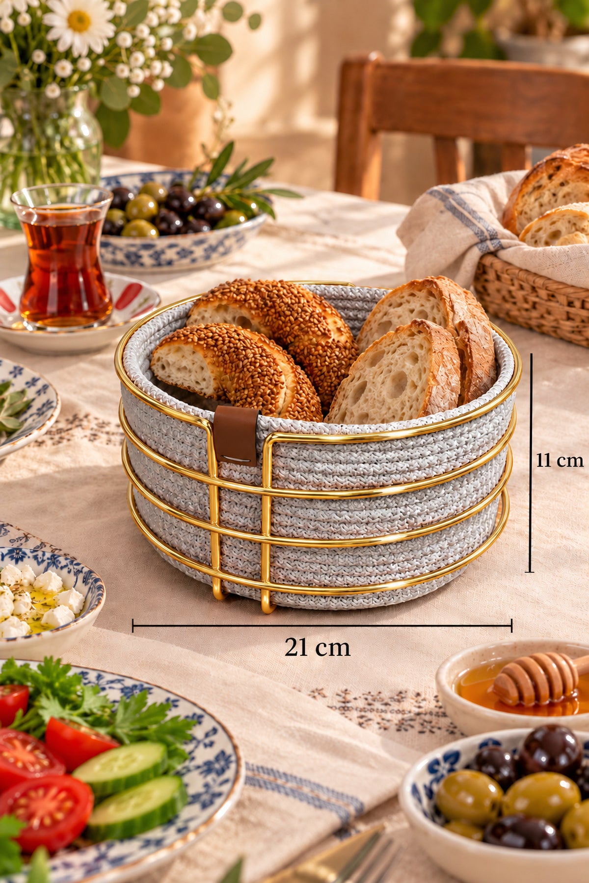 Parlak Altın Yuvarlak Ekmek Sepeti, Ekmeklik Sunum Sepeti, Buz Gri Makrome Çok Amaçlı Paslanmaz Metal