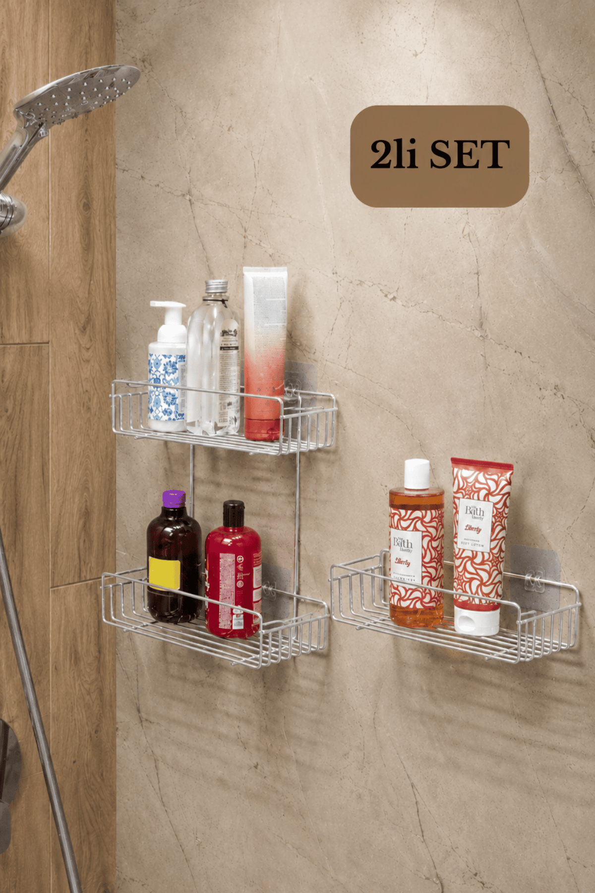 Parlak Silver 2'li Banyo Şampuanlık Seti - Tek Katlı + 2 Katlı Duş Rafı, Delmeden Yapışkanlı Montaj