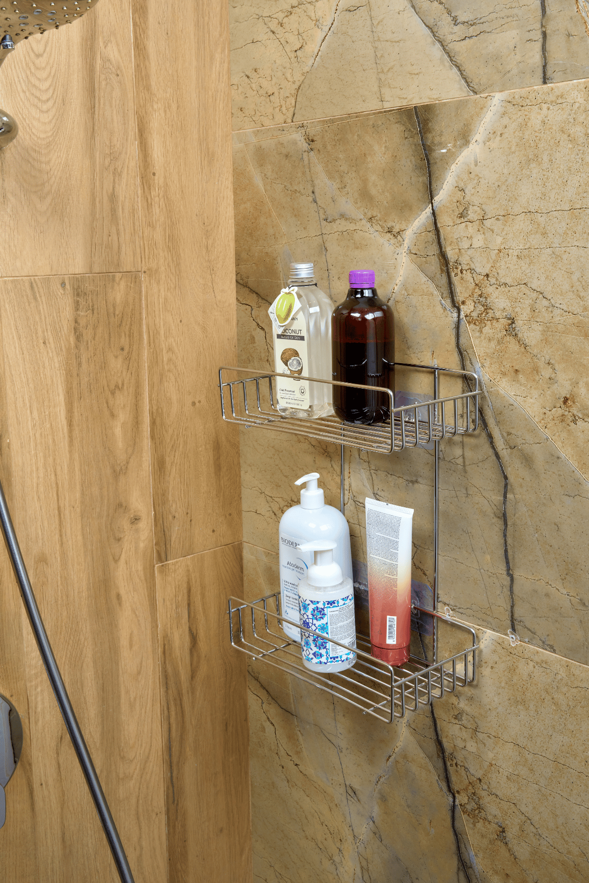 Parlak Silver 2'li Banyo Şampuanlık Seti - Tek Katlı + 2 Katlı Duş Rafı, Delmeden Yapışkanlı Montaj