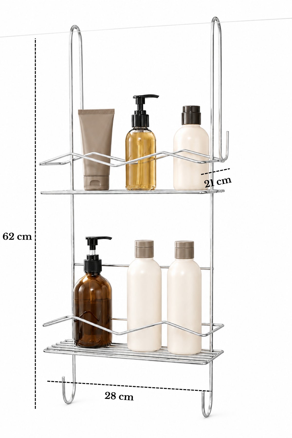 Parlak Silver Duşakabin Askılı 2 Katlı Banyo Rafı Şampuanlık Düzenleyici Metal Askılık