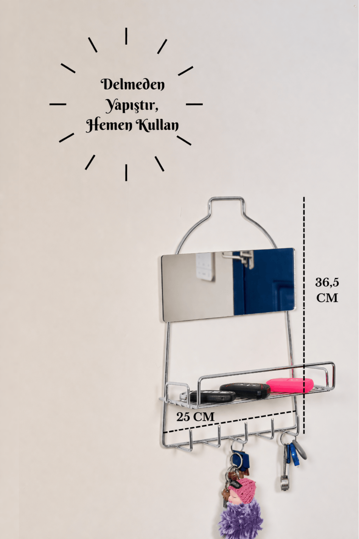 Parlak Silver Modern Duvar Anahtarlığı Raflı, Askılı Organizer, Aynalı Yapışkanlı, Montaj Gerektirmez