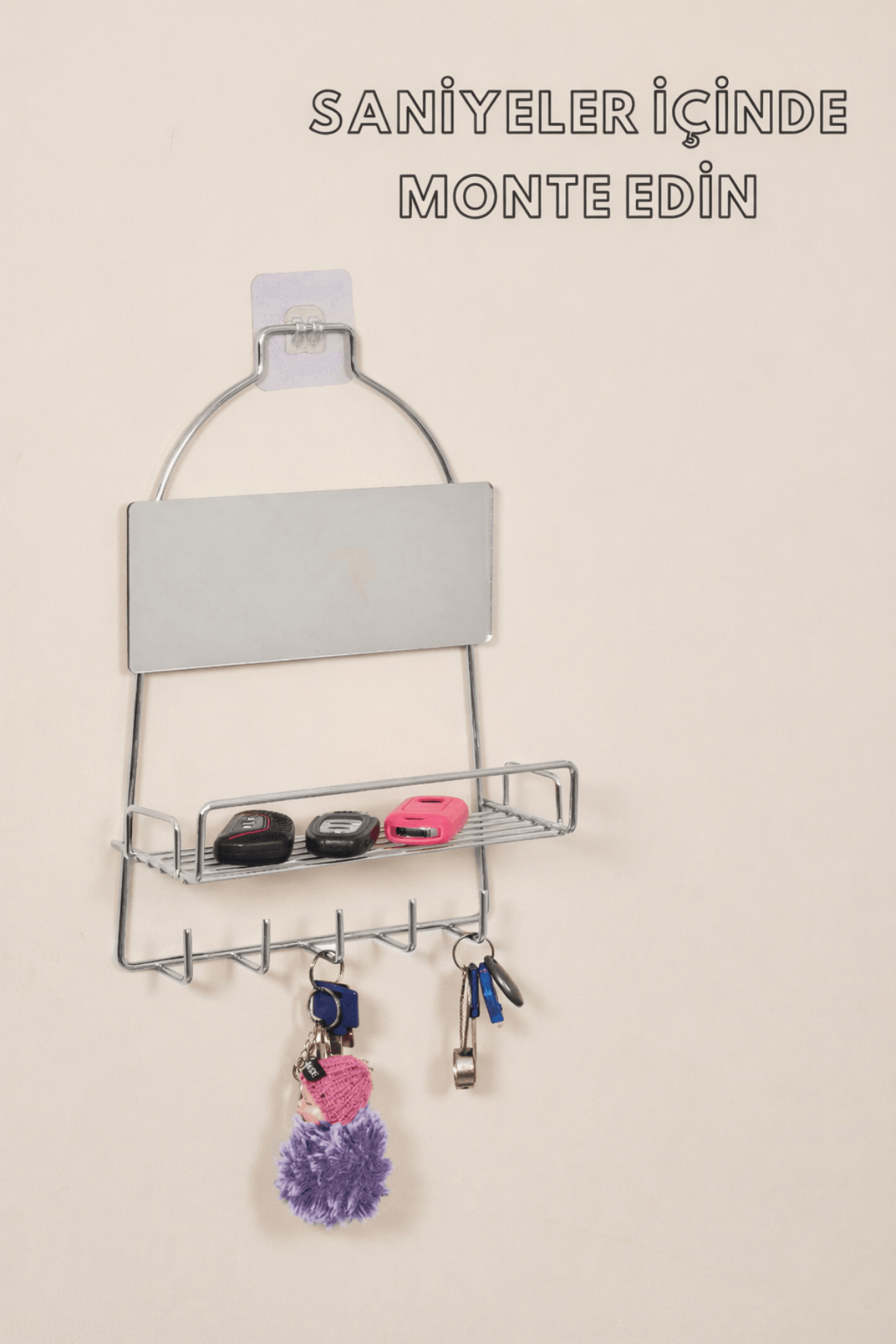 Parlak Silver Modern Duvar Anahtarlığı Raflı, Askılı Organizer, Aynalı Yapışkanlı, Montaj Gerektirmez