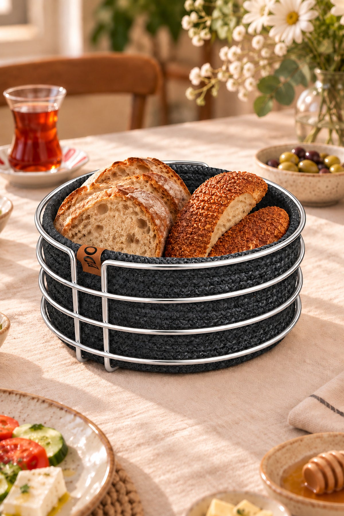 Parlak Silver Yuvarlak Ekmek Sepeti, Ekmeklik Sunum Sepeti, Antrasit Gri Makrome Çok Amaçlı Paslanmaz Metal
