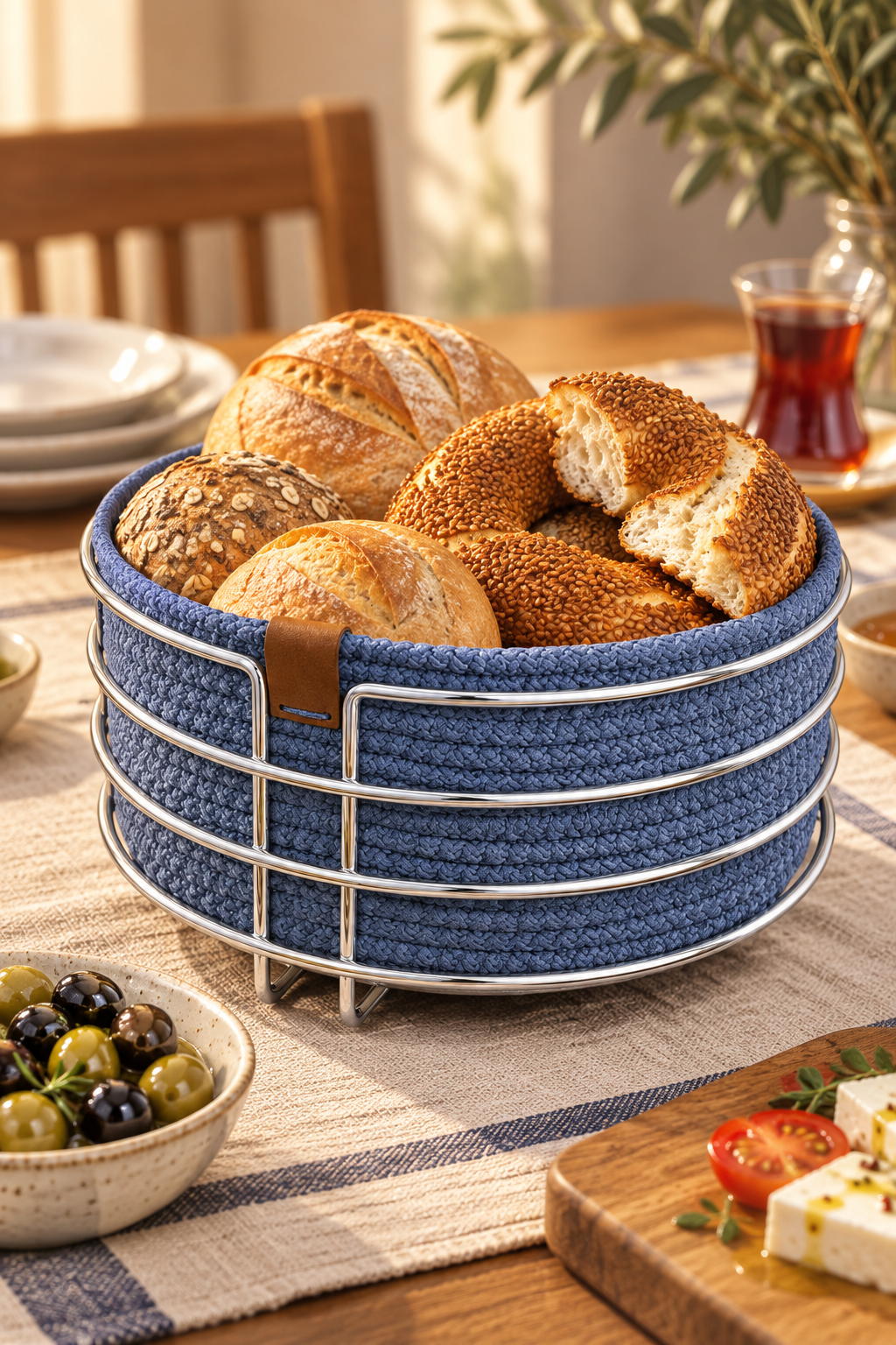 Parlak Silver Yuvarlak Ekmek Sepeti, Ekmeklik Sunum Sepeti, Turkuaz Makrome Çok Amaçlı Paslanmaz Metal