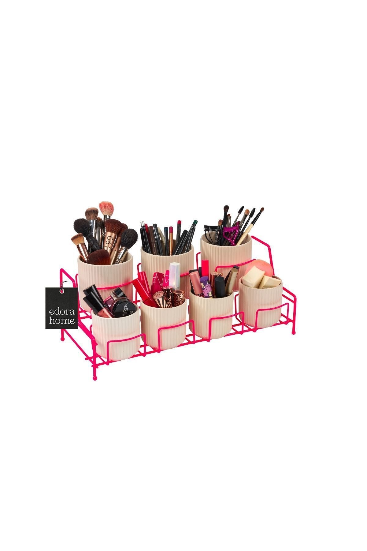 Pink 7-Compartment Makeup Organizer Cosmetic Holder Countertop Organizer Stainless Metal