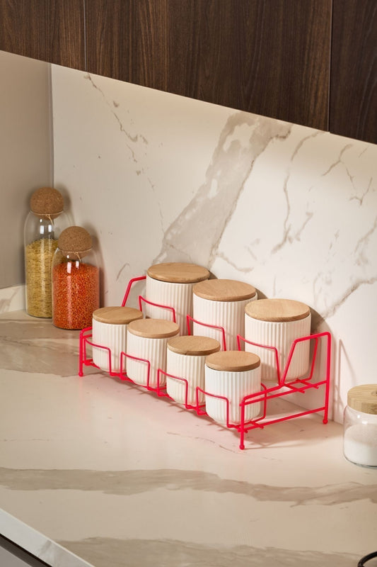 Pembe Standlı 7 Bölmeli Porselen Baharat Takımı Bambu Kapaklı Mutfak Düzenleyici - Metal Paslanmaz