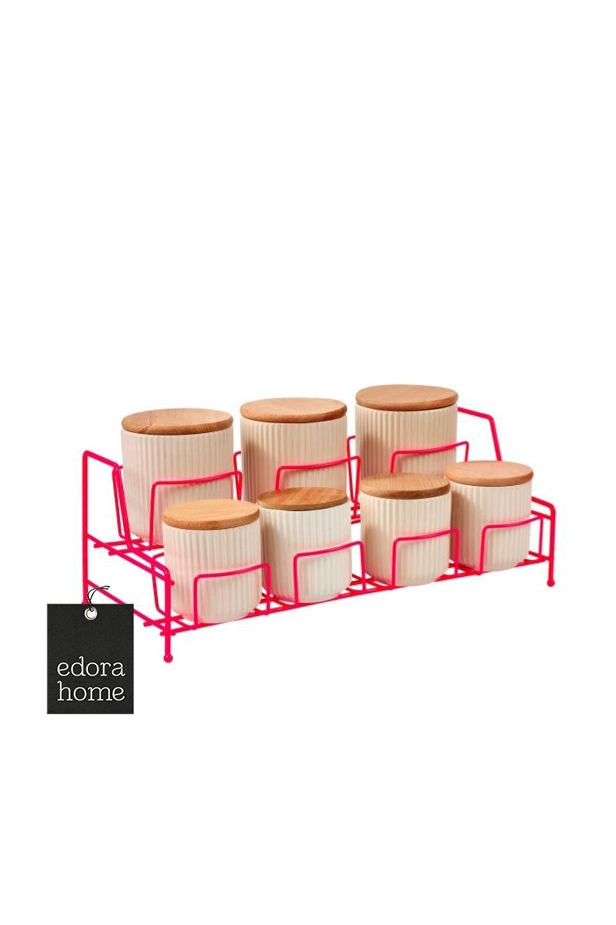 Pembe Standlı 7 Bölmeli Porselen Baharatlık Takımı Bambu Kapaklı Mutfak Organizer
