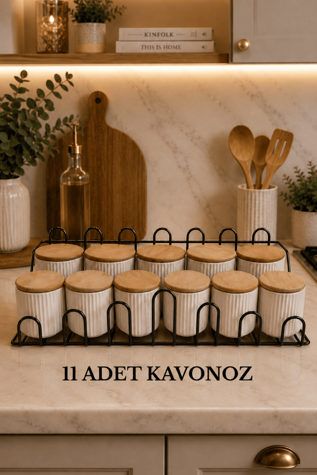 Premium Siyah Metal Standlı 11'li Baharatlık Seti Zarif Ahşap Kapaklı Seramik Kavanoz, Dekoratif Mutfak Düzenleyici