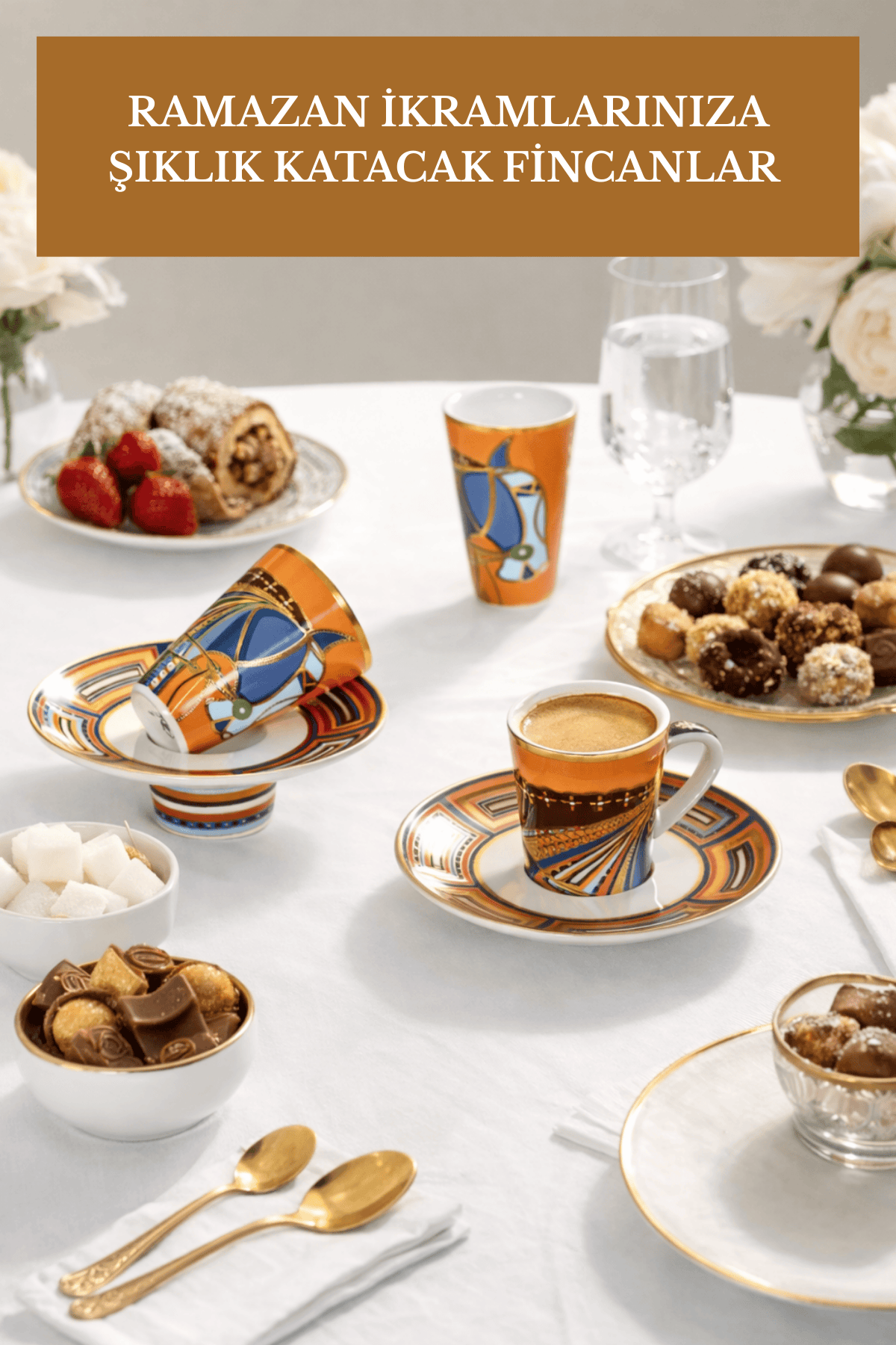 Ramazana Özel 2 Kişilik Kahve Fincan Takımı + Altın Renk 2 Katlı Sunum Standı Seti | Şık Kahve Sunumluk