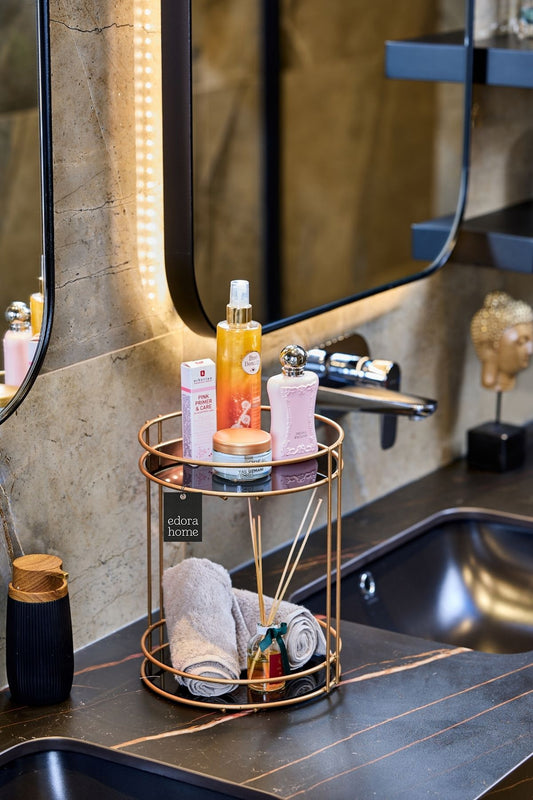 Rose 2 Katlı Banyo Organizer Düzenleyici Servis Sunum Ikramlık Pleksili-Metal Paslanmaz