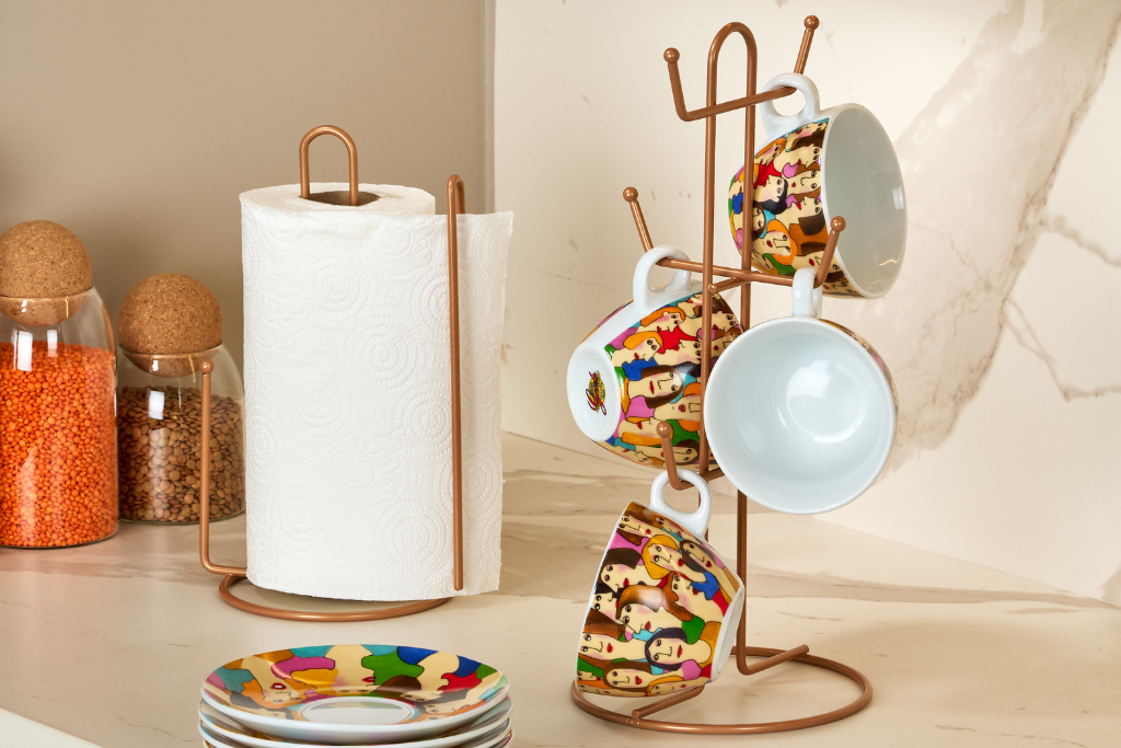 2-Piece Rose Kitchen Organizer Set with Paper Towel Holder with Divider and 6-Compartment Mug Rack, Stainless Metal
