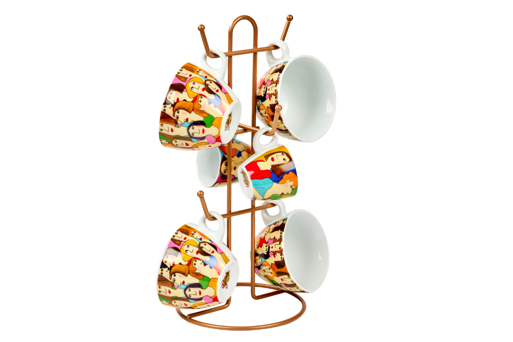 2-Piece Rose Kitchen Organizer Set with Paper Towel Holder with Divider and 6-Compartment Mug Rack, Stainless Metal