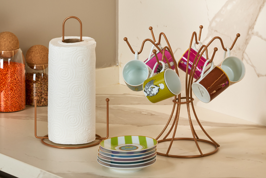 Rose 2'Li Mutfak Organizer Seti, Kağıt Havluluk Ve Dikey 6 Kancalı Bardaklık - Metal Paslanmaz
