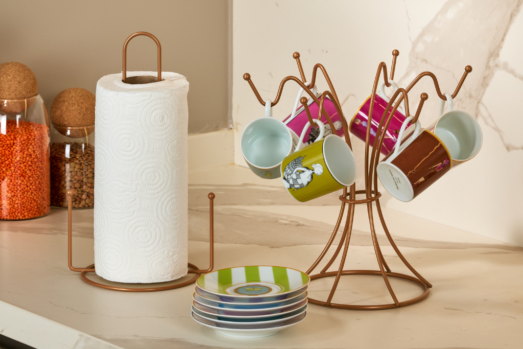 Rose Kitchen Organizer Set of 2, Paper Towel Holder and Mug Rack with 6 Hooks, Stainless Metal