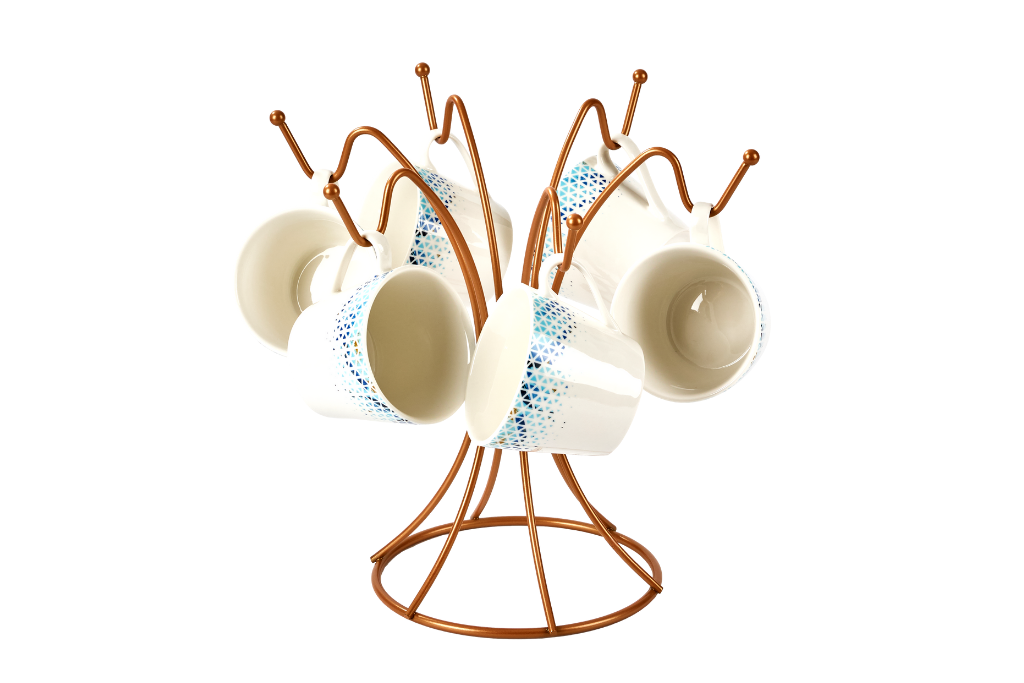 Rose Kitchen Organizer Set of 2, Paper Towel Holder and Mug Rack with 6 Hooks, Stainless Metal