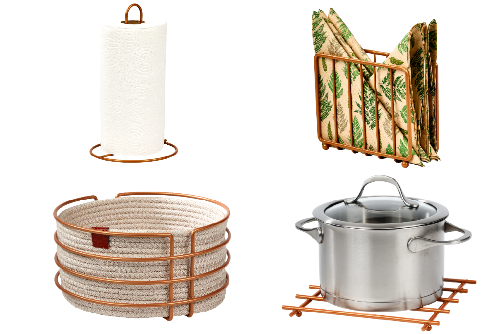 4-Piece Rose Serving Presentation Set Napkin Holder Paper Towel Holder Bread Basket Trivet Stainless Metal