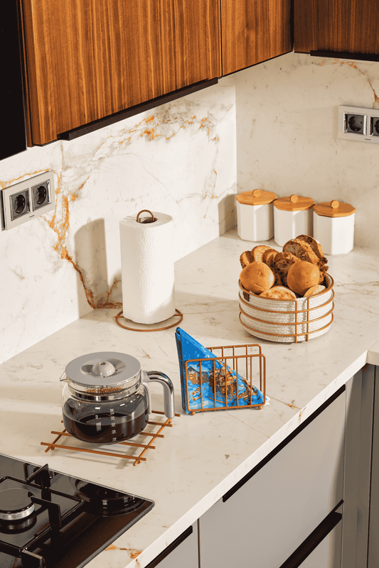 Rose 4'Lü Servis Sunum Seti, Peçetelik, Kağıt Havluluk, Ekmeklik Makrome, Nihale - Metal Paslanmaz