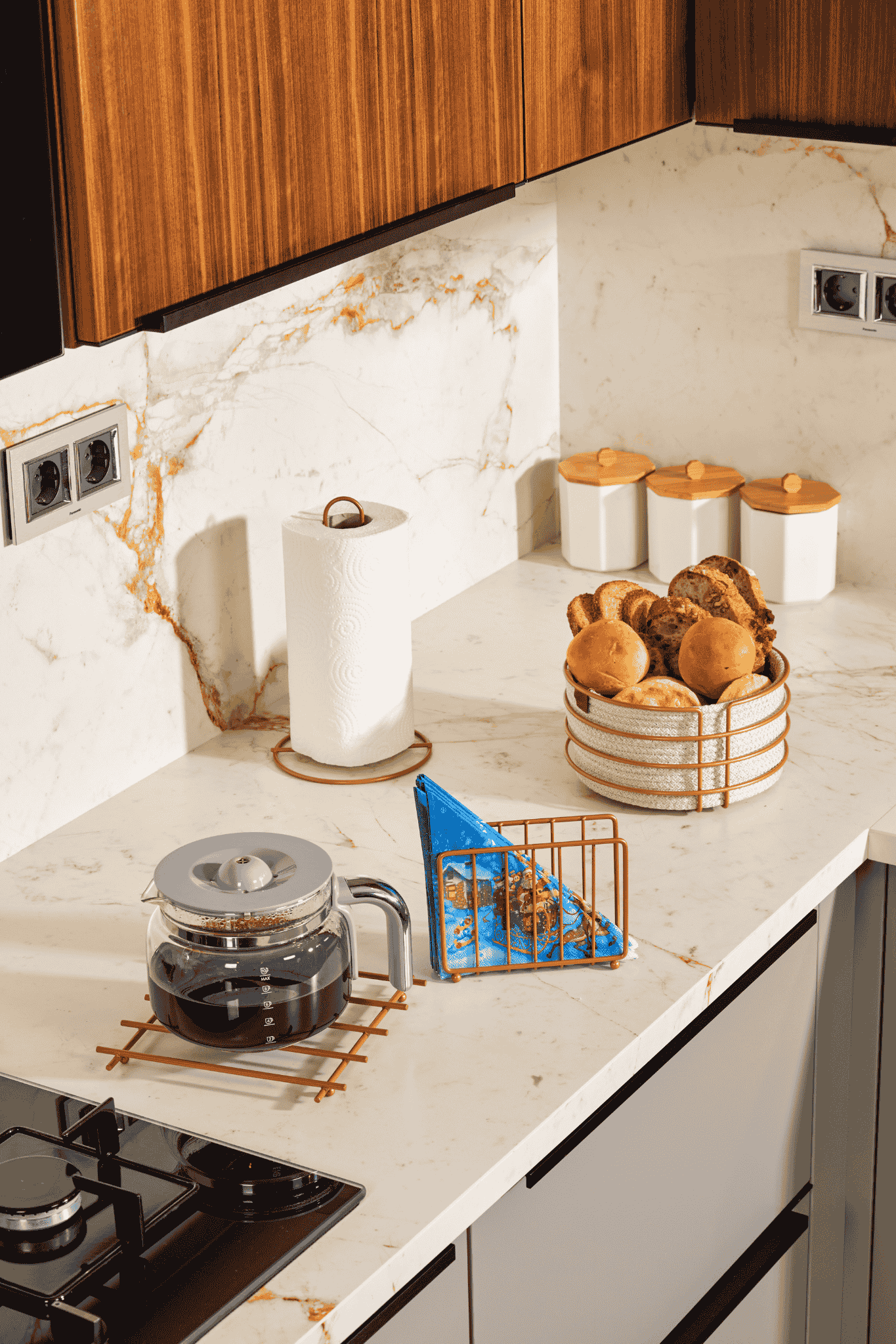 4-Piece Rose Serving Presentation Set Napkin Holder Paper Towel Holder Bread Basket Trivet Stainless Metal