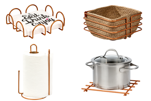 Rose renkli servis sunum seti – metal peçetelik, havluluk, kare ekmeklik ve makrome detaylı nihale.