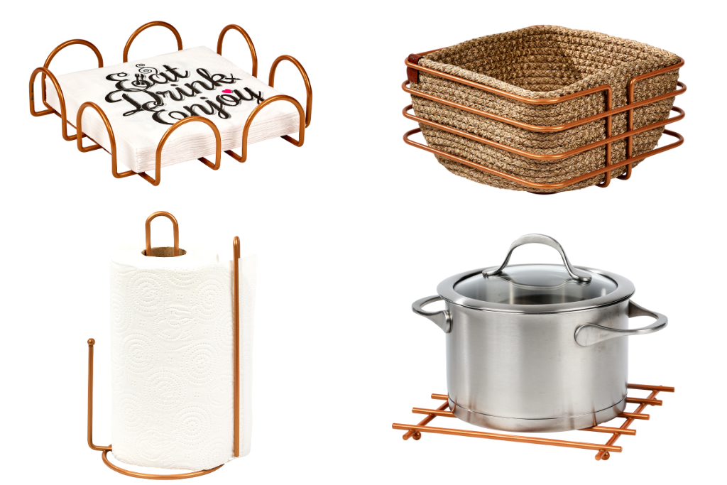 4-Piece Rose Serving Set Napkin Holder, Paper Towel Holder with Divider, Square Bread Basket, Trivet, Stainless Metal