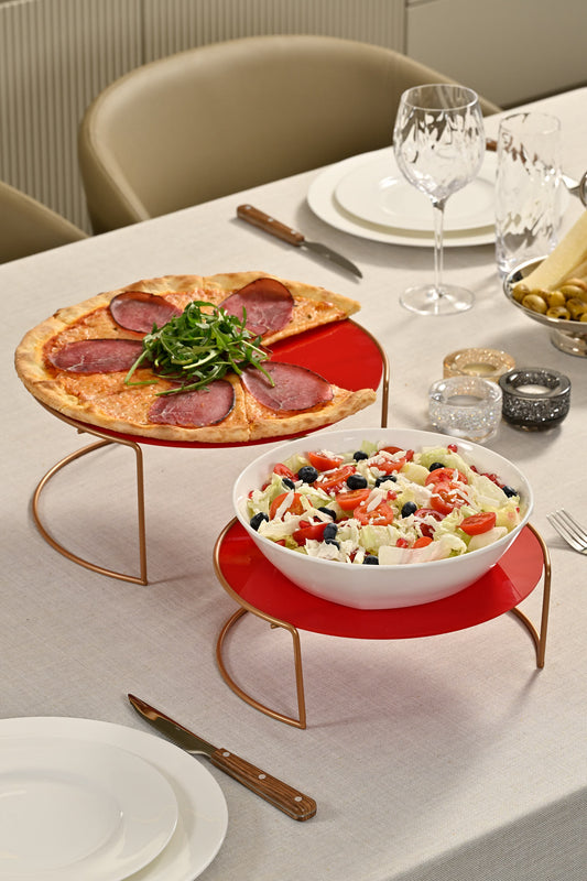 Rose renkli büyük boy 2’li sunumluk set – kırmızı pleksi detaylı, paslanmaz metalden dekoratif ikramlık tasarım