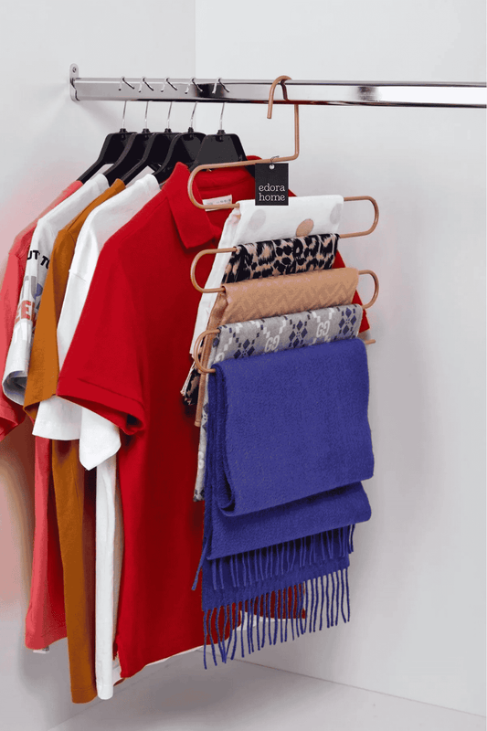 Paslanmaz rose metalden üretilmiş 5 katlı dolap içi askılık – şal, eşarp, pantolon ve elbise düzeni için ideal