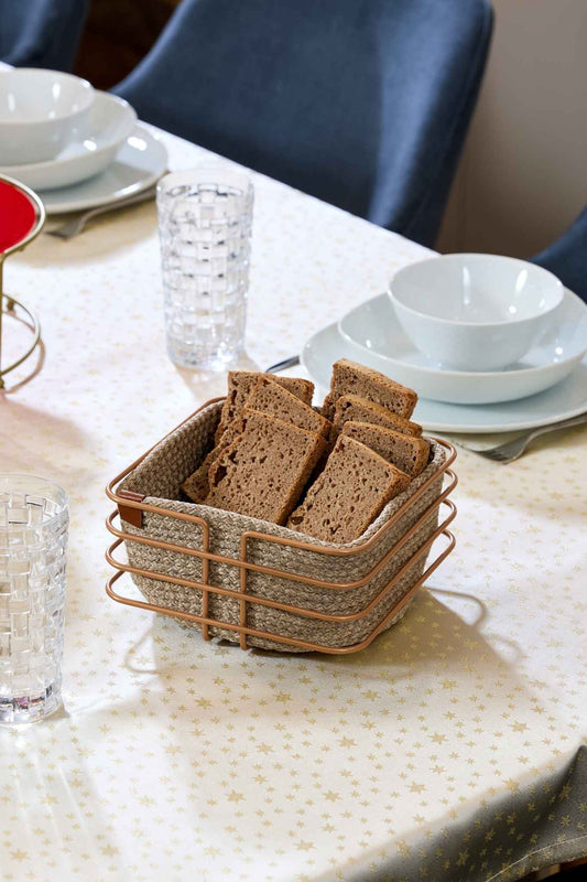 Rose Oval Köşeli Kare Ekmek Sepeti Şık, Ekmeklik Hasır Örmeli Makrome - Çok Amaçlı Metal Paslanmaz