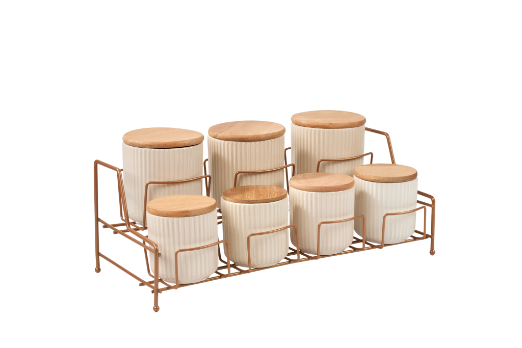 Rose Standlı 7 Bölmeli Porselen Şık Baharat Takımı Bambu Kapaklı Mutfak Düzenleyici-Metal Paslanmaz