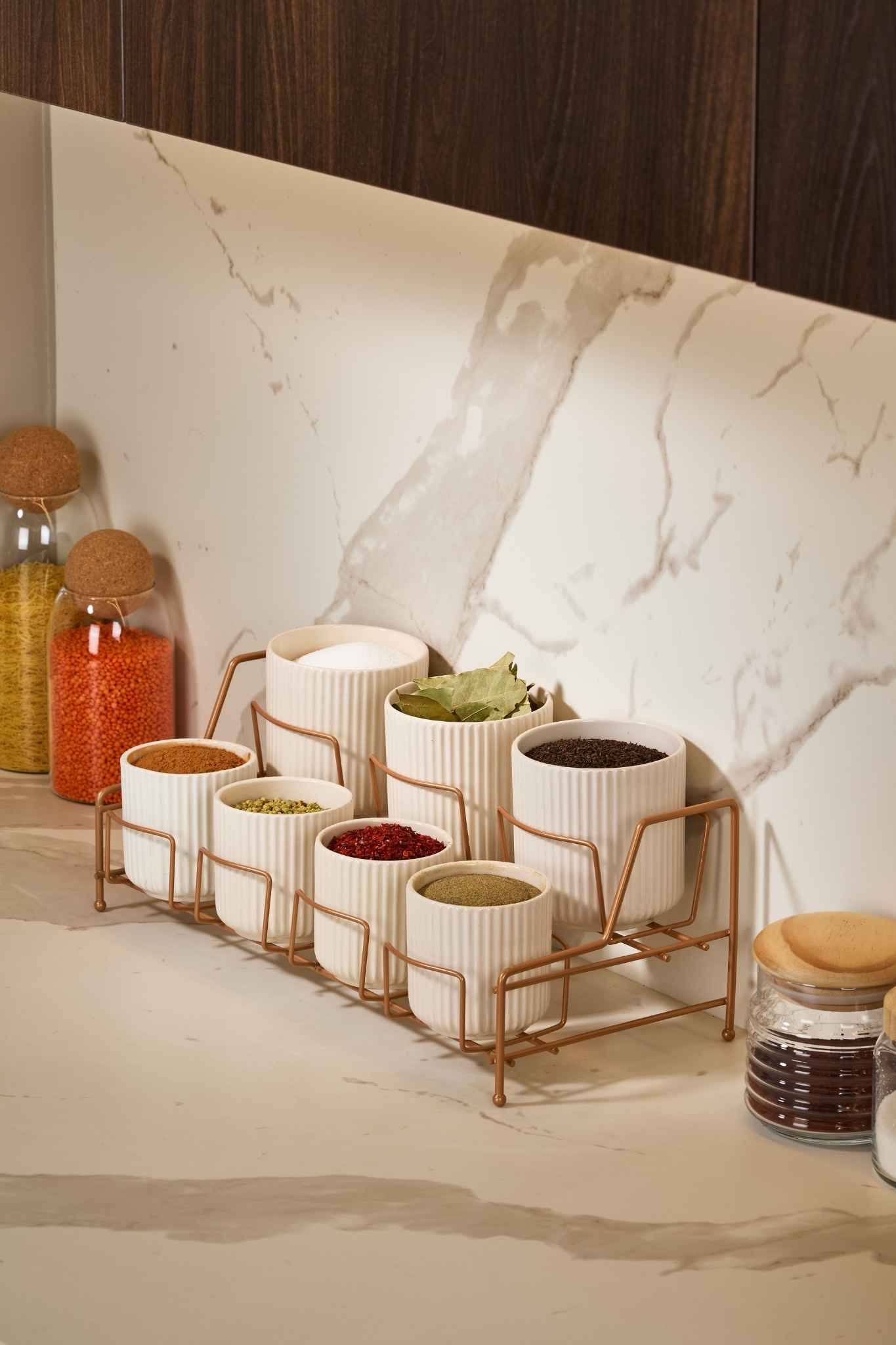 Rose Standlı 7 Bölmeli Porselen Şık Baharat Takımı Bambu Kapaklı Mutfak Düzenleyici-Metal Paslanmaz