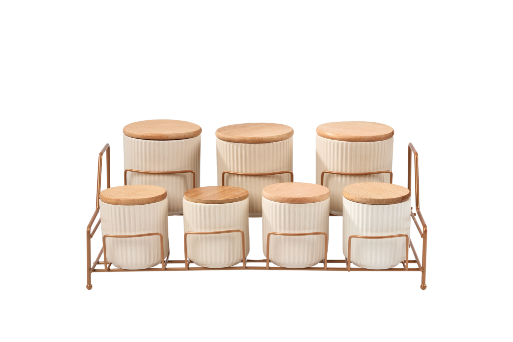 Rose Standlı 7 Bölmeli Porselen Şık Baharat Takımı Bambu Kapaklı Mutfak Düzenleyici Paslanmaz Metal