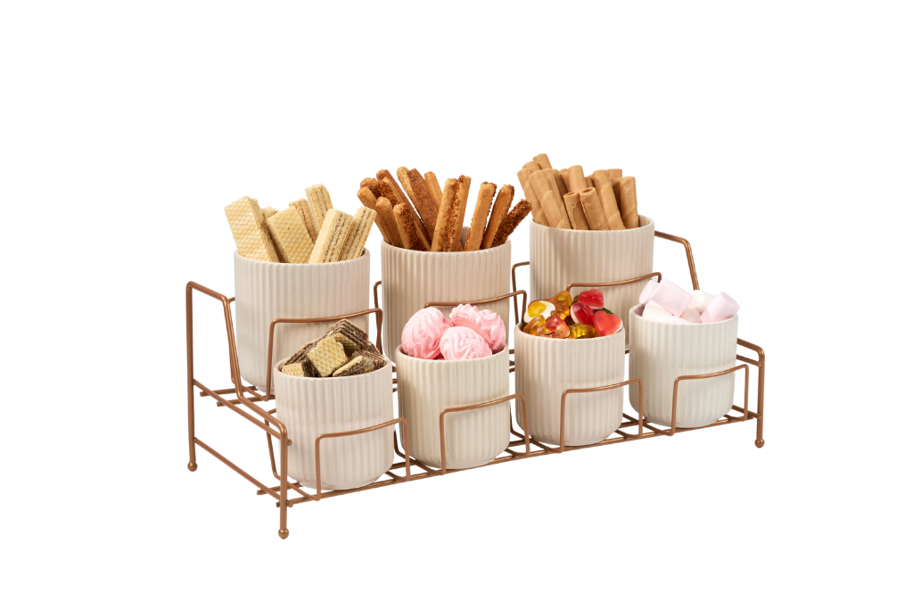 Rose Standlı 7 Bölmeli Porselen Şık Baharat Takımı Bambu Kapaklı Mutfak Düzenleyici Paslanmaz Metal