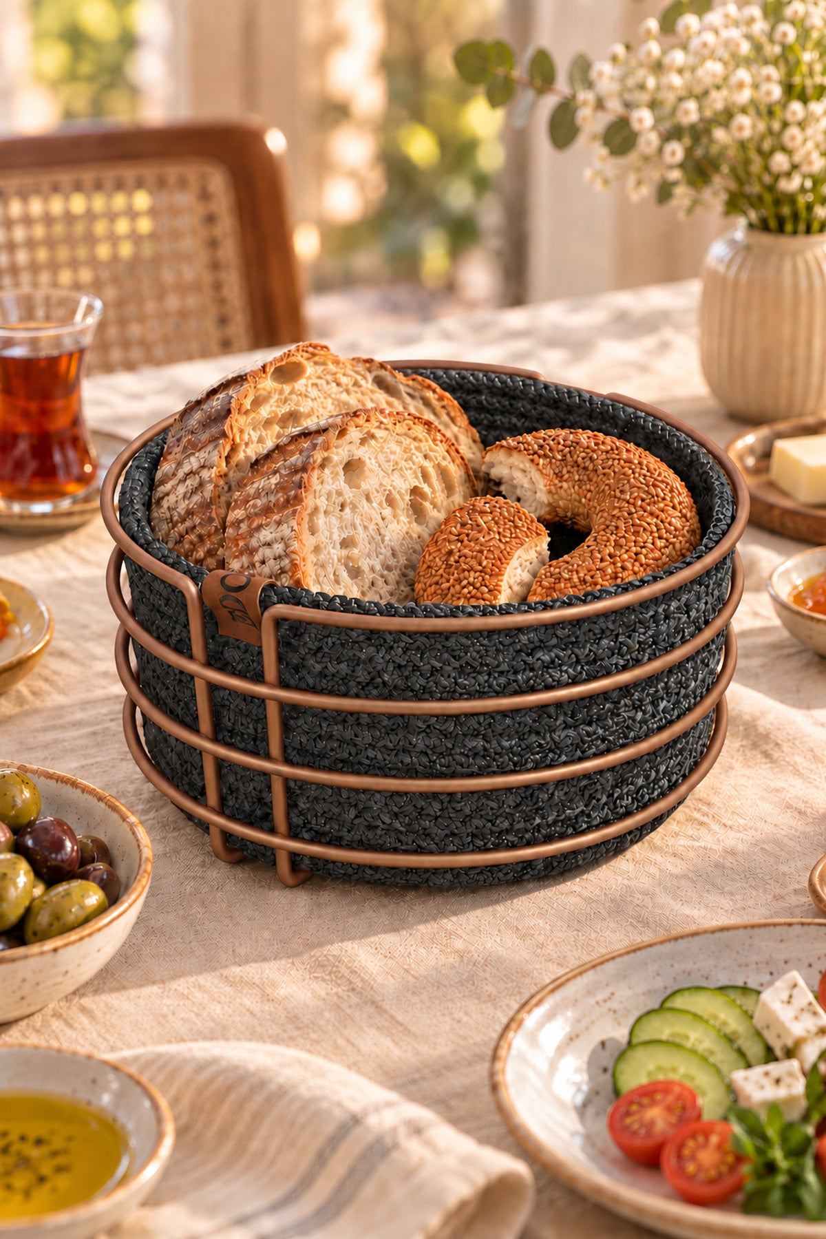Rose Yuvarlak Ekmek Sepeti, Ekmeklik Sunum Sepeti, Antrasit Gri Makrome Çok Amaçlı Paslanmaz Metal